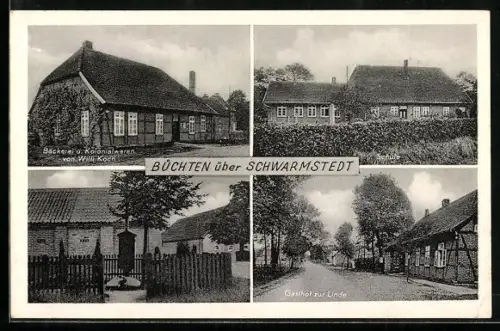 AK Büchten über Schwarmstedt, Bäckerei u. Kolonialwaren Willi Koch, Schule, Gasthof zur Linde