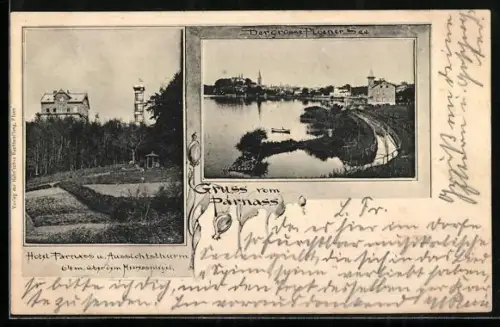 AK Plön, Hotel Parnass, Aussichtsturm, Stadtansicht am See