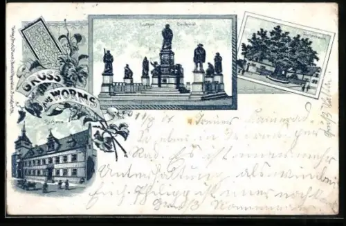 Lithographie Worms, Lutherdenkmal, Rathaus, Parkansicht