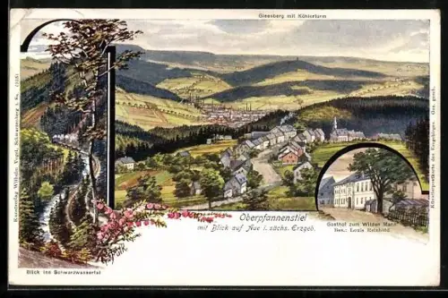 Lithographie Oberpfannenstiel, Blick auf Aue, Gieseberg mit Kücherturm, Gasthaus zum Wilden Mann Inh. Louis Eckhardt