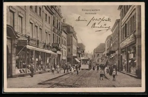 AK Kaiserslautern, Marktstrasse mit Strassenbahn und Geschäften