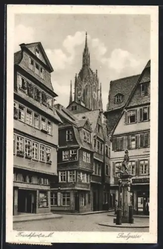 AK Alt-Frankfurt, Saalgasse, Blick auf Fachwerkhäuser und Dom