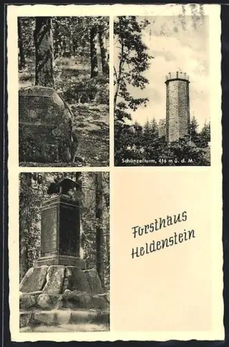 AK Heldenstein / Edenkoben, Schänzelturm, Forsthaus, Denkmal im Wald