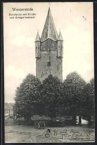 AK Westerstede, Marktplatz mit Kirche und Kriegerdenkmal