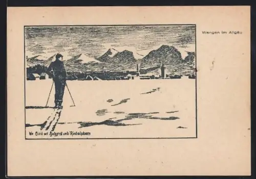 AK Wangen im Allgäu, Skifahrer blickt auf Säntis, Hochgrat und Rindalphorn im Winter