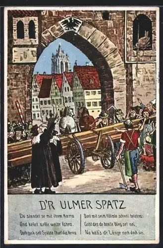 AK Ulm / Donau, D`r Ulmer Spatz, Stadttor, Münster im Hintergrund