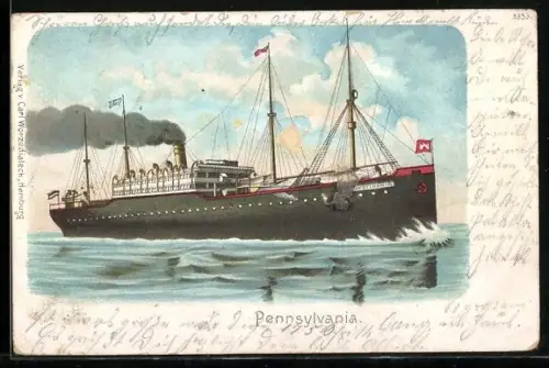 Lithographie Passagierschiff Pennsylvania in voller Fahrt