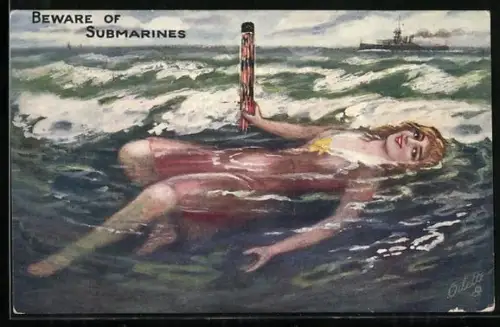 Künstler-AK Junge Frau an Wasseroberfläche mit U-Boot-Periskop, Kriegsschiff im Hintergrund