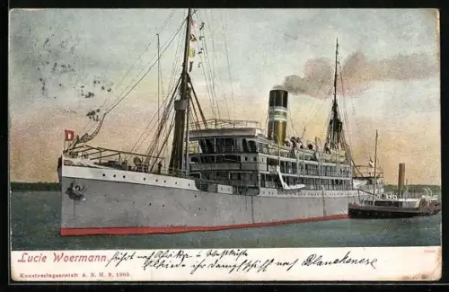 Künstler-AK Passagierschiff Lucie Woermann mit Raddampfer längsseits