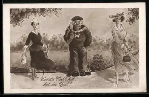 AK Matrose in Uniform kann sich nicht zwischen zwei schönen Frauen entscheiden