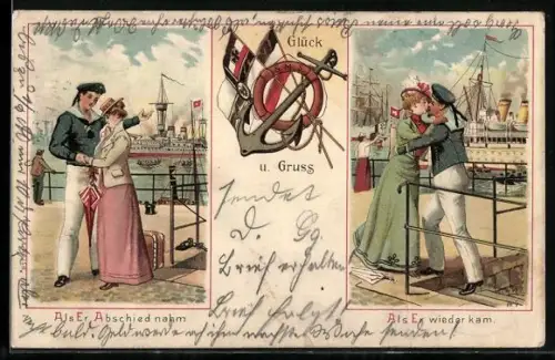 Lithographie Als er Abschied nahm, Als er wieder kam, Kriegsschiff