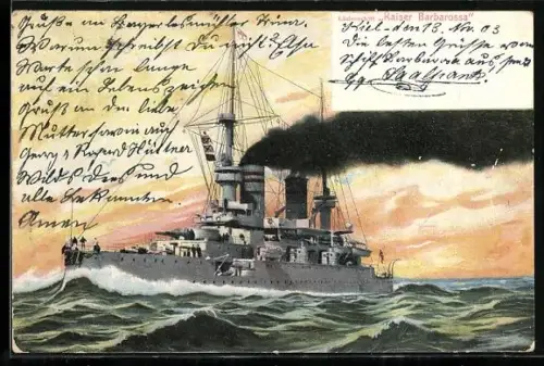AK Linienschiff Kaiser Barbarossa auf hoher See, Kriegsschiff