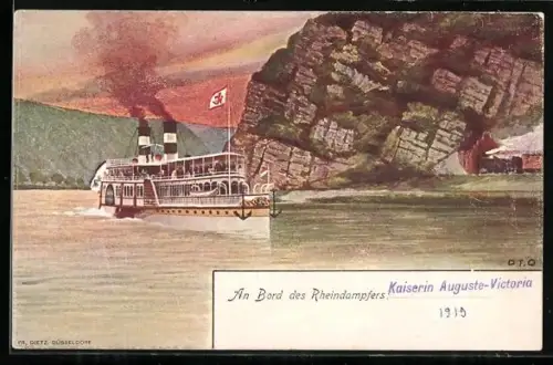Künstler-AK Loreley, Rheindampfer Kaiserin Auguste Victoria in Fahrt