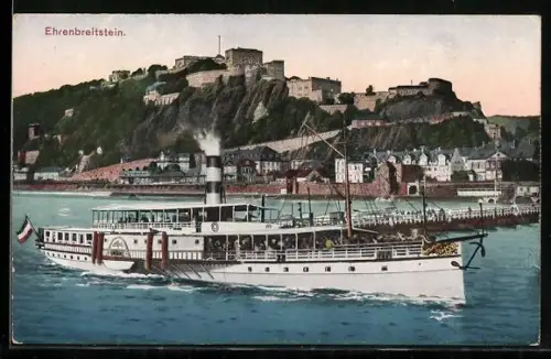 AK Ehrenbreitstein, Rheindampfer Undine passiert die Schiffsbrücke