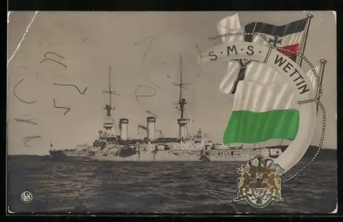 AK Kriegsschiff S.M.S. Wettin, Fahnen und Wappen