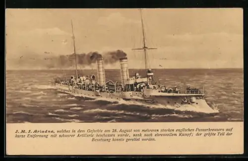 AK S.M.S. Ariadne, welches in dem Gefechte am 28. August 1914 von englischen Panzerkreuzern beschossen wurde und sank