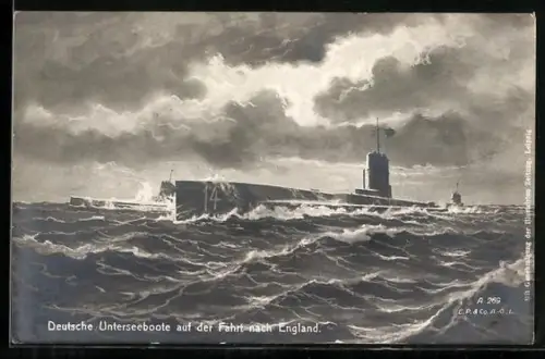 Künstler-AK Deutsche U-Boote auf der Fahrt nach England, U-Boot U-14