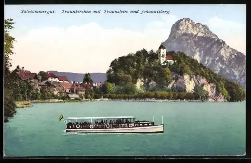 AK Traunkirchen /Salzkammergut, Kirche am See vor Traunstein und Johannisberg