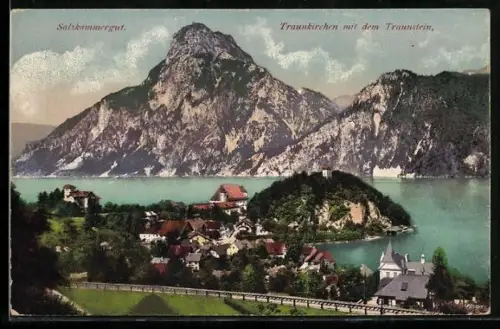 AK Traunkirchen /Salzkammergut, Panorama mit dem Traunstein