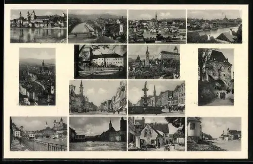 AK Steyr /O. D., Hauptplatz mit Brunnen, Brücke und Stadpanorama