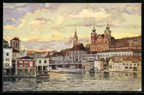 Künstler-AK Steyr /O.-Ö., Ortsansicht mit Fluss, Brücke und Kirche