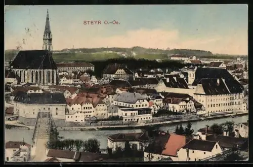 AK Steyr /O.-Oe., Panorama mit Kirche und Brücke