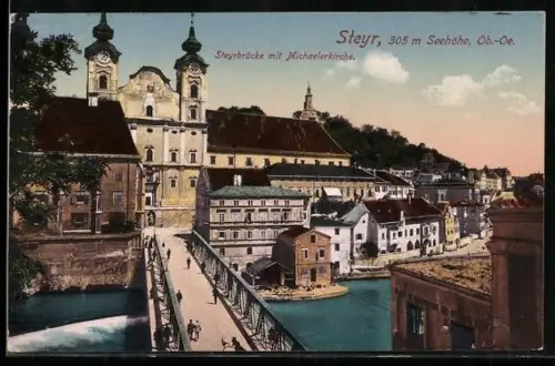 AK Steyr /Ob.-Oe., Steyrbrücke mit Michaelerkirche