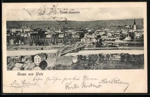 AK Wels, Totalansicht mit Brücke und Kirche