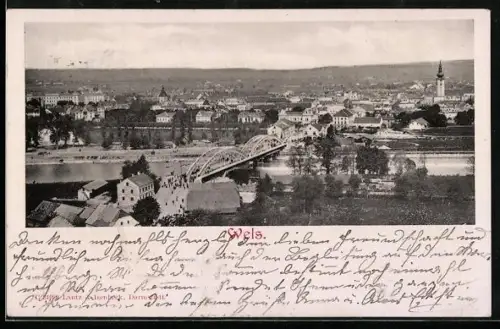 AK Wels, Stadtpanorama mit Brücke