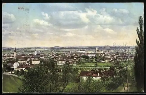 AK Wels, Stadtpanorama mit Kirchen