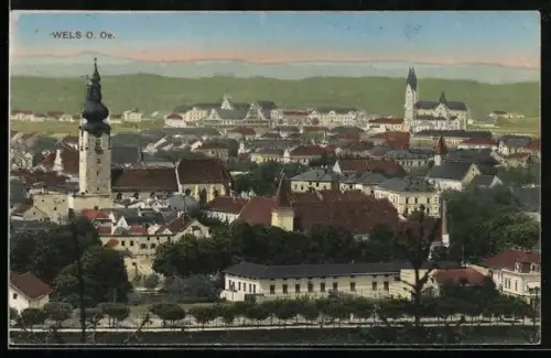 AK Wels /O. Ö., Stadtpanorama mit Kirchen