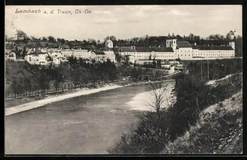 AK Lambach a. d. Traun, Panorama mit Fluss und Stiftskirche
