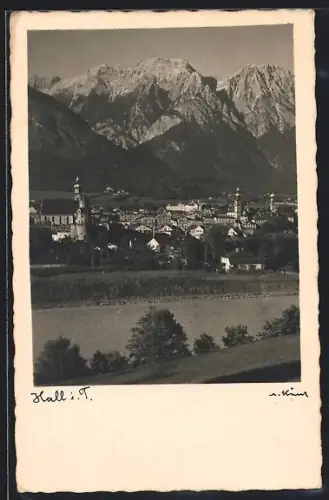 AK Hall i. T., Ortspanorama mit Flusspartie