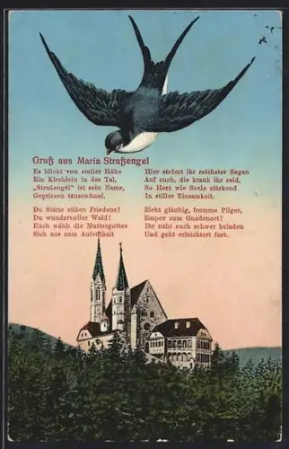 AK Maria Strassengel, Kirche auf Anhöhe, Schwalbe