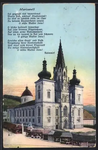 AK Mariazell, Basilika mit Vorplatz und Marktständen