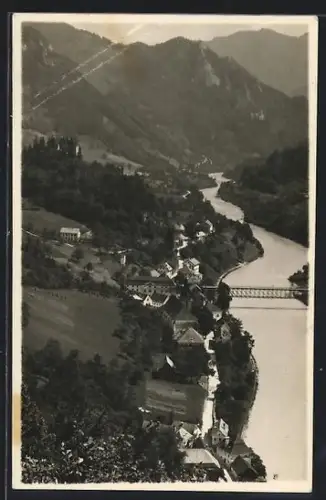 AK Losenstein a. d. Enns, Panorama mit Ort, Flussufer und Brücke