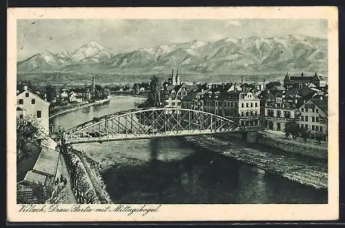 AK Villach, Drau-Partie mit Mittagskogel