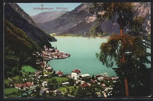 AK Hallstatt /Salzkammergut, Panorama mit See und Ort