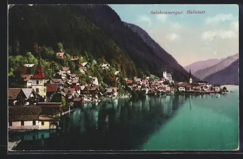 AK Hallstatt /Salzkammergut, Panorama mit See und Kirche