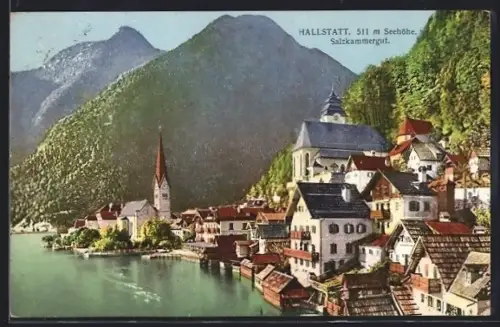 AK Hallstatt /Salzkammergut, Panorama mit Seeufer und Kirche