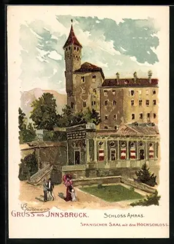 Lithographie Innsbruck, Schloss Amras, Spanischer Saal mit Hochschloss
