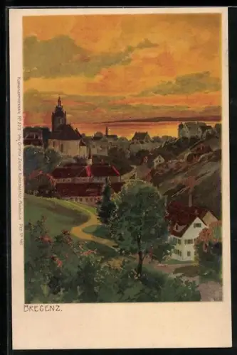 Lithographie Bregenz, Stadtpanorama mit Kirche und Seeufer