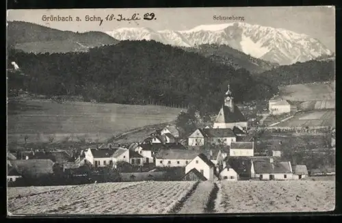 AK Grünbach a. Schn., Ortsansicht mit Kirche und Schneeberg
