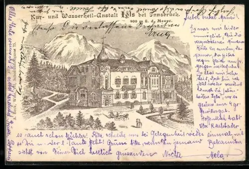 Lithographie Igls bei Innsbruck, Kur- und Wasserheil-Anstalt