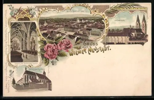Lithographie Wiener Neustadt, Neukloster-Kirche, Liebfrauenkirche, Panorama