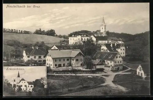 AK Nestelbach bei Graz, Ortspanorama mit Kirche und Erkoschloss