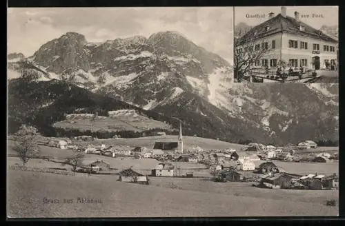 AK Abtenau, Gasthof zur Post, Panorama mit Dorf und Kirche