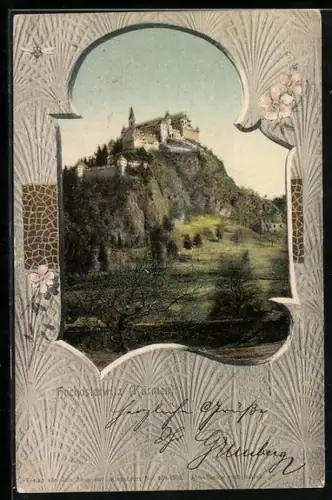 AK Hochosterwitz /Kärnten, Burg im Blumen-Passepartout