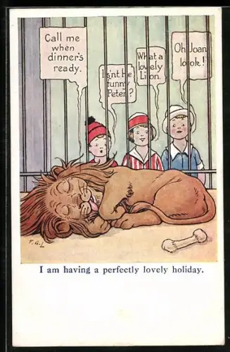 Künstler-AK Frederic G. Lewin: Kinder betrachten den schlafenden Löwen im Käfig