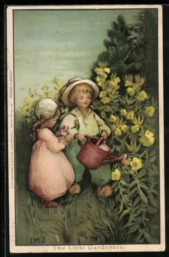 Künstler-AK I.M.J.: Kinder bei der Gartenarbeit
